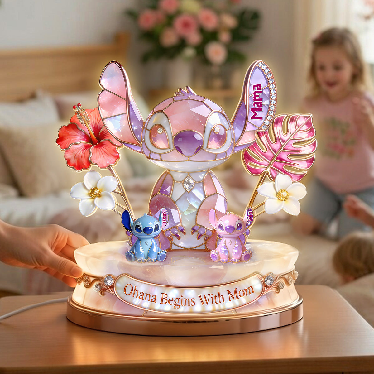 "Ohana Begins With Mom" - Personalized Alien Mom Acrylic Light Box - Ideal Gift for Mom, Grandma, and More Light Box PopCulturePrints