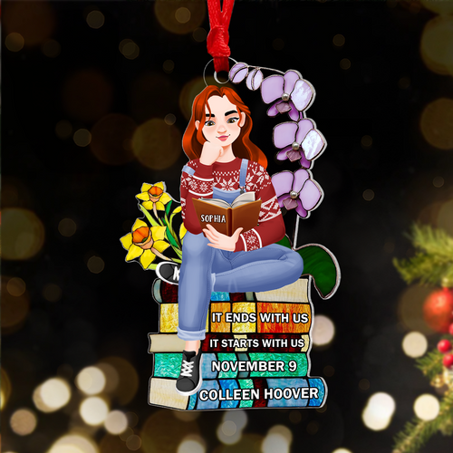 Custom Book Lover Christmas Ornament - Girl Reading on Book Stack Ornament PopCulturePrints