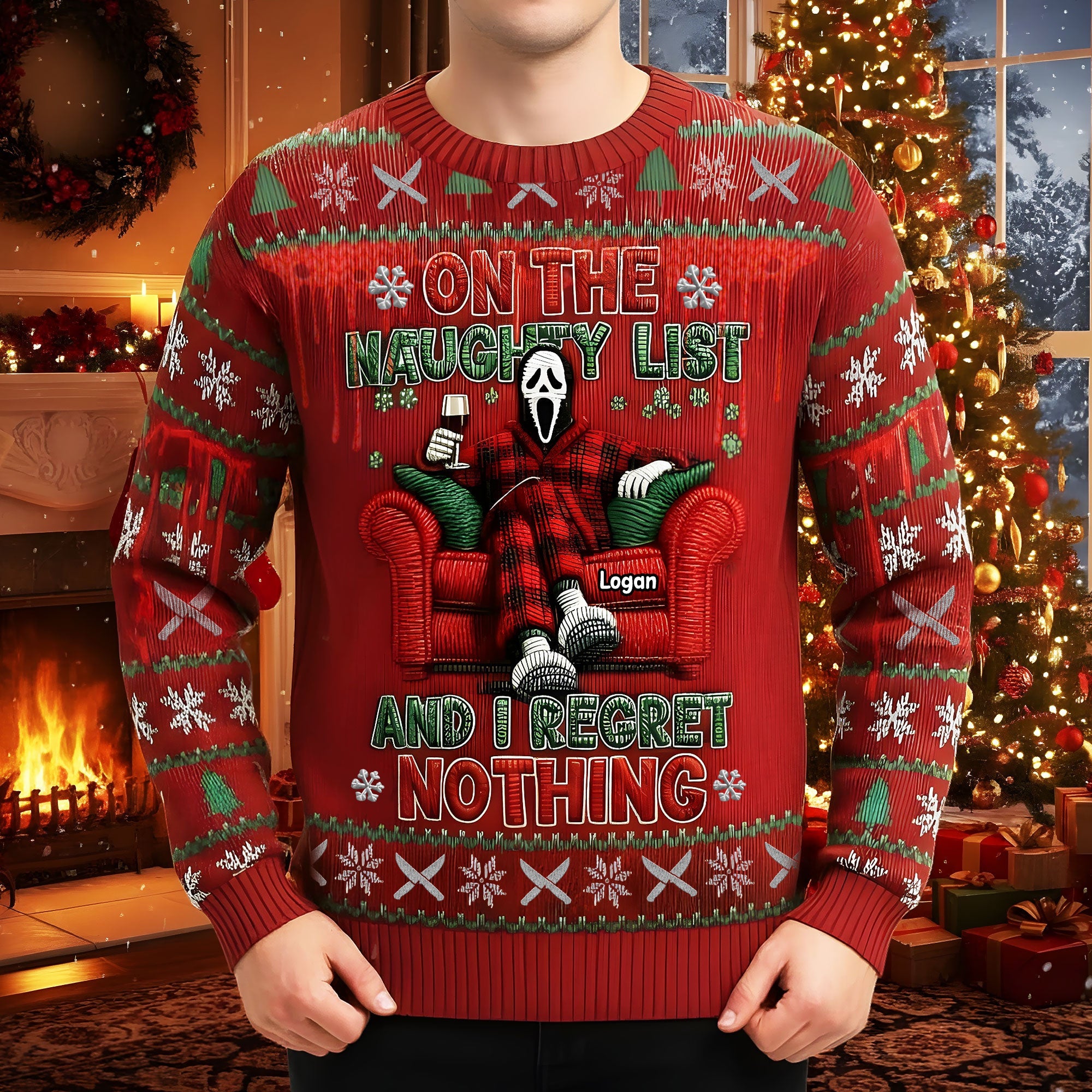 "On the Naughty List and I Regret Nothing" - Chilling Horror Guy Ugly Sweater - Personalized Christmas Gift for Horror Fans AOP Products PopCulturePrints