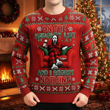 Load image into Gallery viewer, &quot;On the Naughty List and I Regret Nothing&quot; - Chilling Horror Guy Ugly Sweater - Personalized Christmas Gift for Horror Fans AOP Products PopCulturePrints
