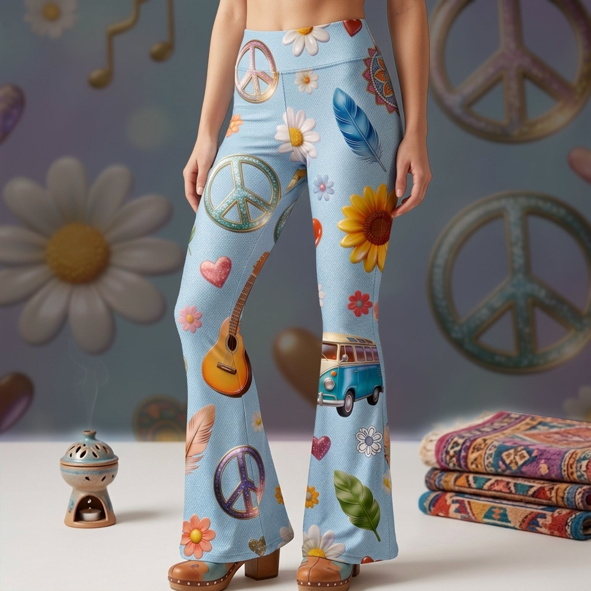 "Embrace Your Inner Flower Child: Vibrant Hippie Flare Leggings - Customizable Gift for Friends, Family, and Anyone Who Loves Boho Style" Shorts and Pants PopCulturePrints