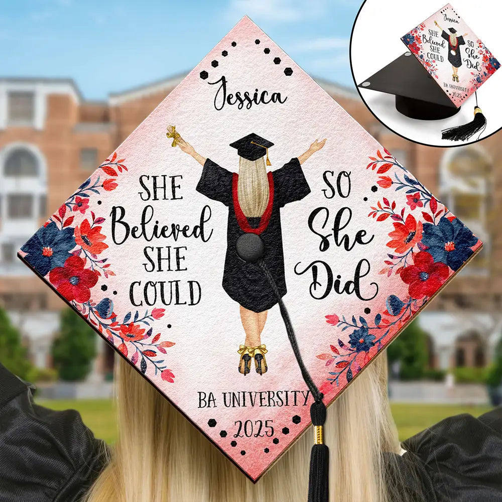 She Believed She Could - Personalized Graduation Cap Topper | Unique Gift for Graduates Graduation Cap Topper PopCulturePrints