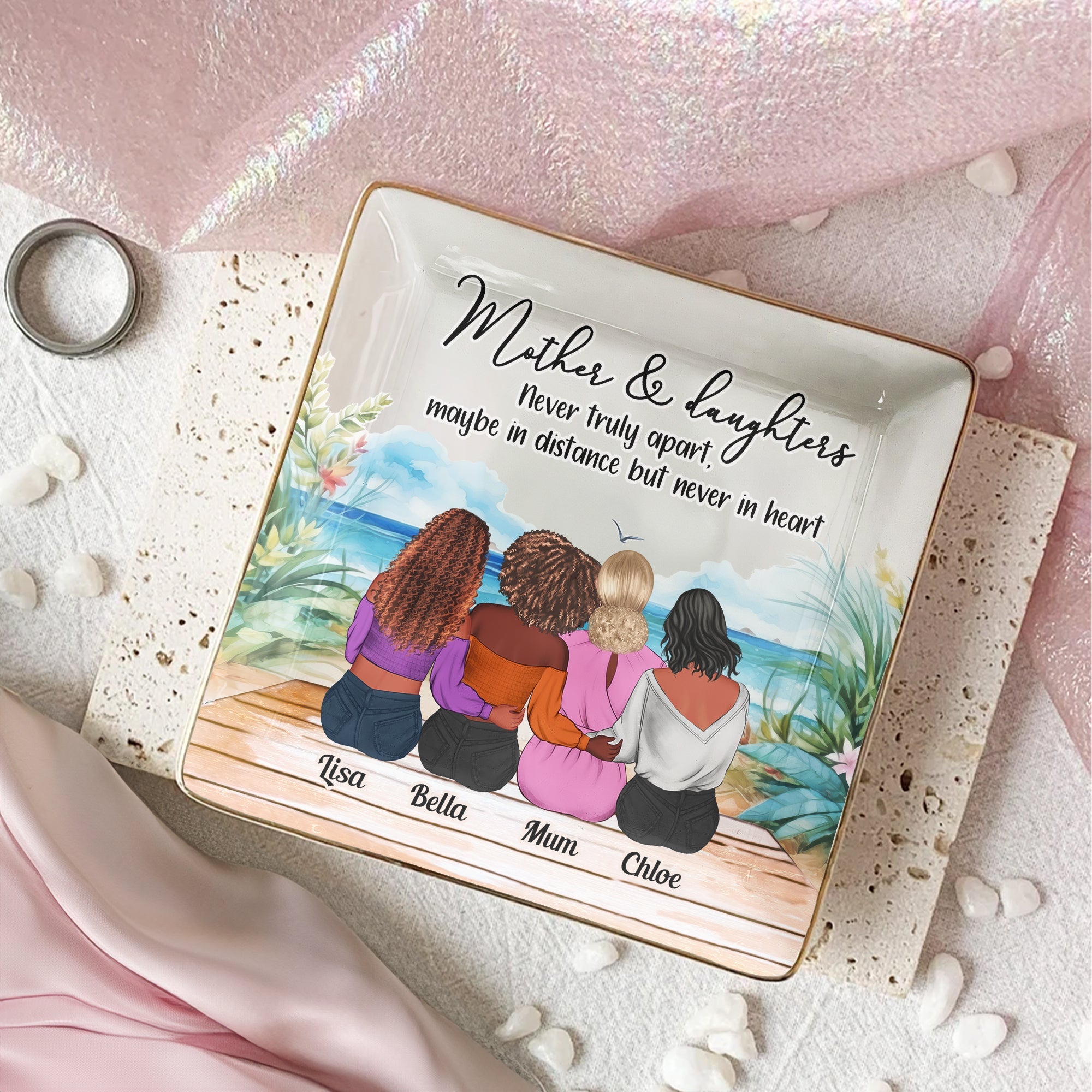 Mother & Daughters: Never Truly Apart - Personalized Jewelry Dish - Meaningful Gift for Mom, Grandma & Daughters Square Jewelry Dish_FULL PopCulturePrints