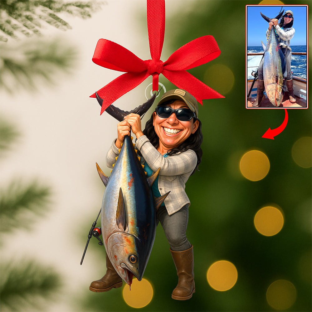 “Hooked on Happiness” - Funny Caricature Christmas Ornament - Custom Photo Gifts for Fishing Lovers Ornament PopCulturePrints