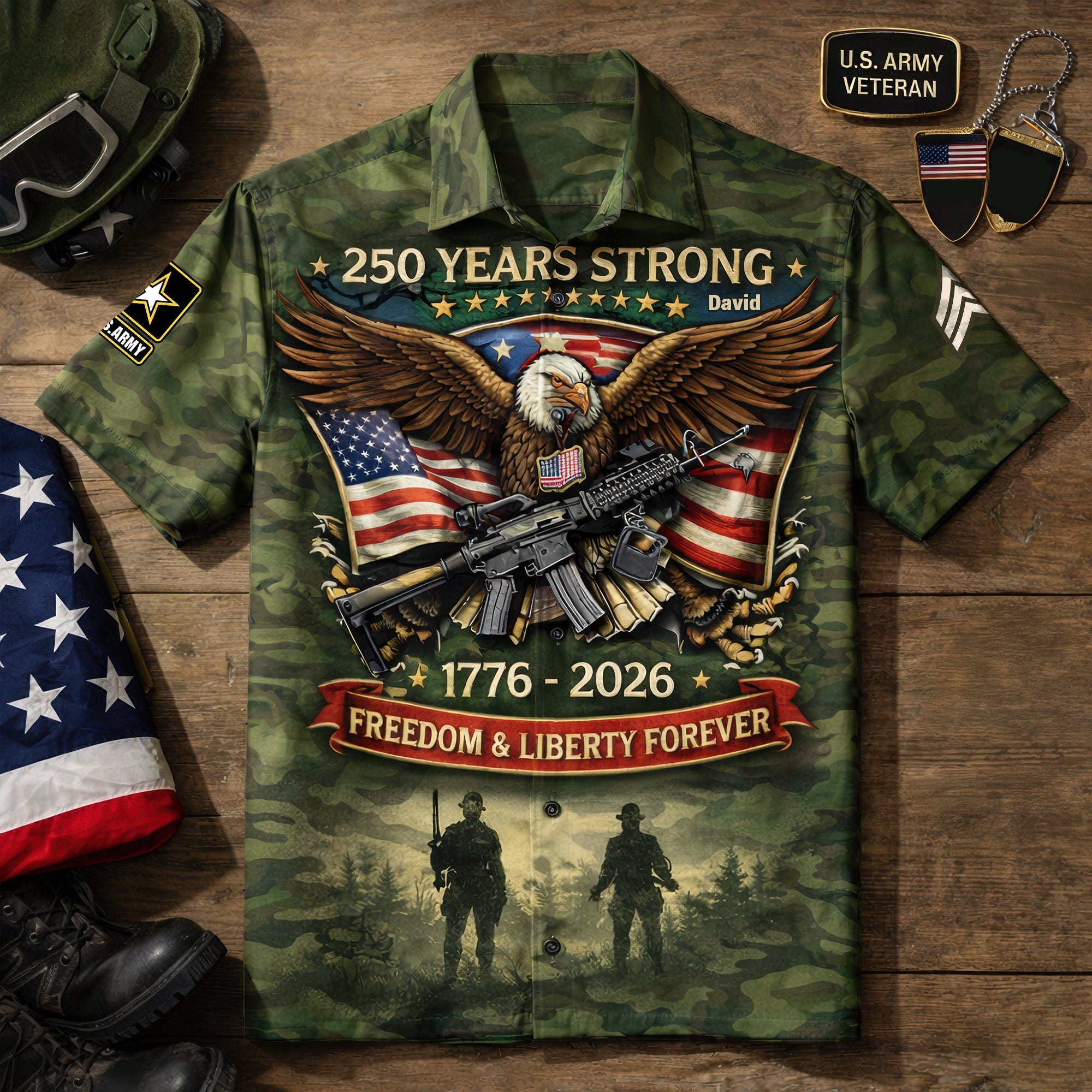 “250 Years Strong” – Unique Hawaiian Shirt Celebrating American Heritage – Personalized Gifts for Veterans Hawaiian Shirts PopCulturePrints