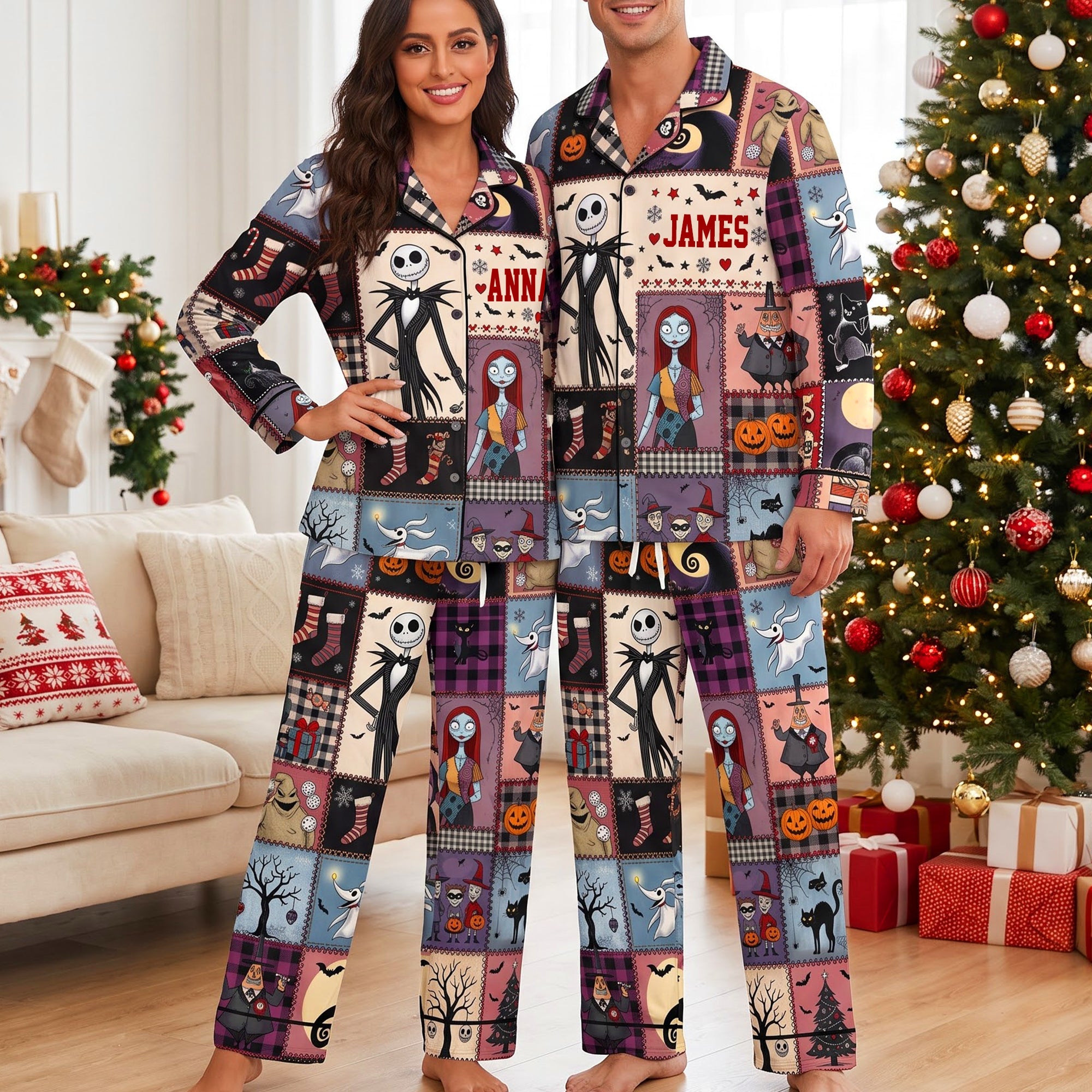 “Cuddle Up in Style!” - Mischievous Night Button Up Pajama Set - Personalized Gift for Couples