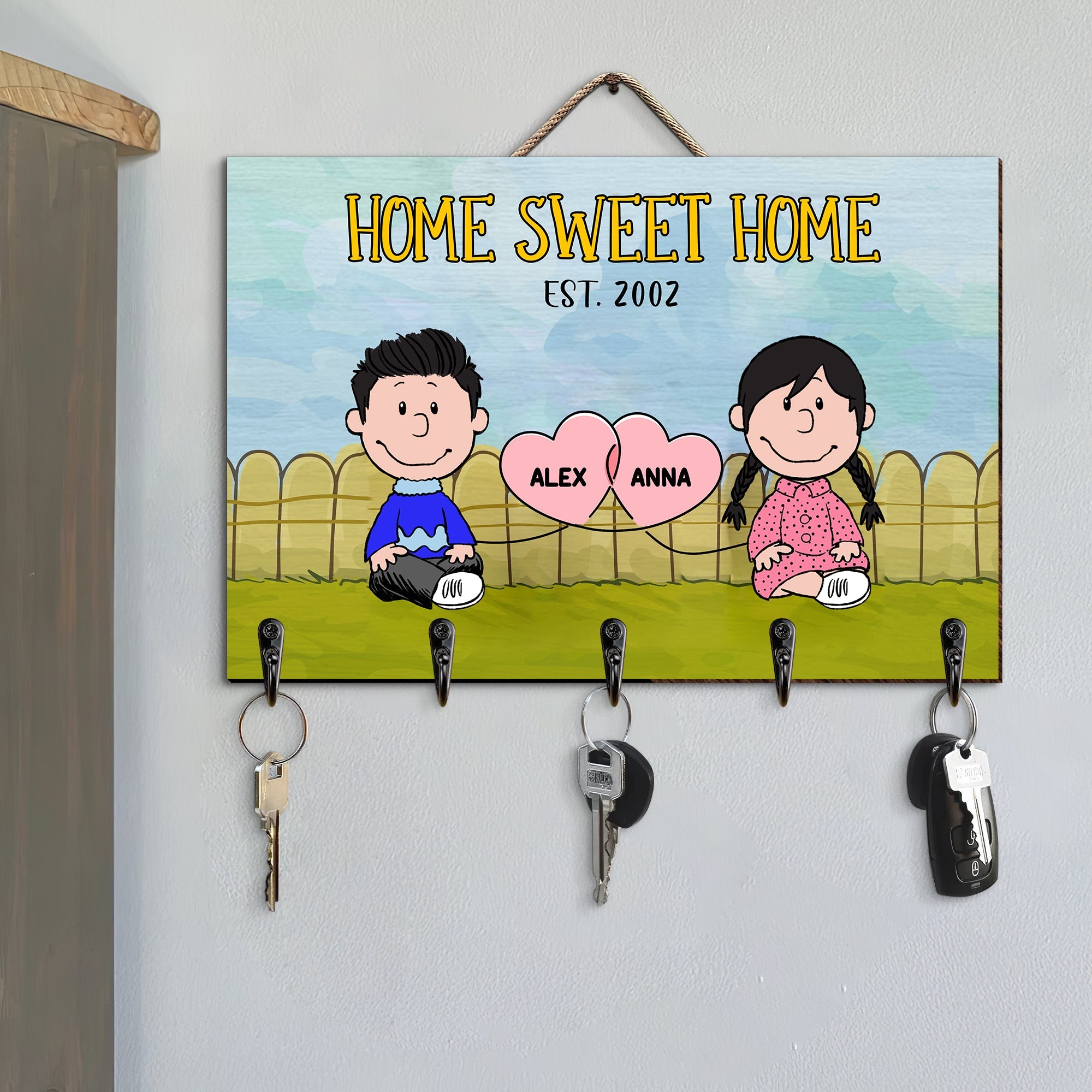 Personalized Home Sweet Home Couple Key Hanger | Cartoon Character Design