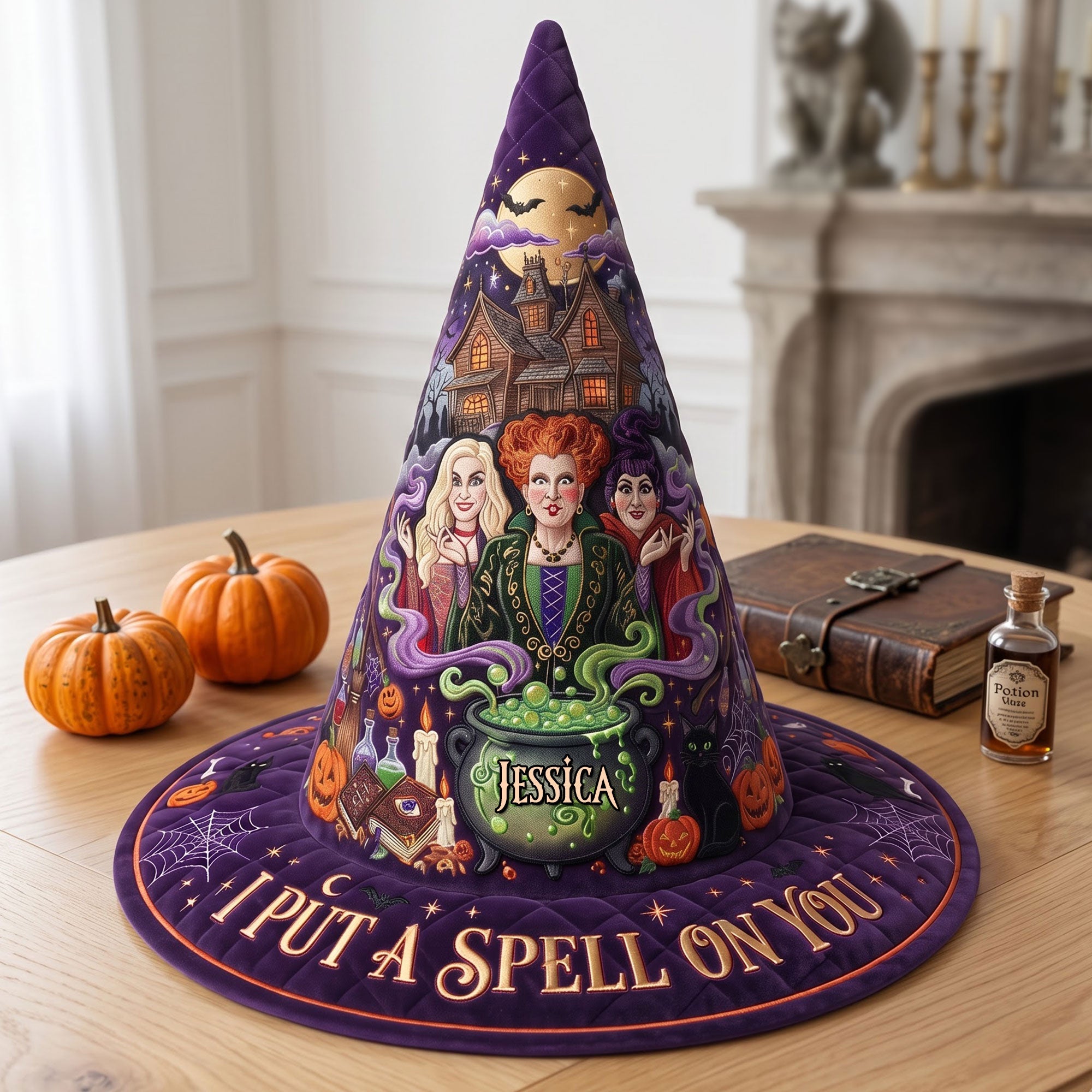 "I Put A Spell On You" - Personalized Sisterhood Of Spells Quilted Witch Hat - Custom Halloween Gift for Friends, Sisters, and Witches Quilted Witch Hat PopCulturePrints