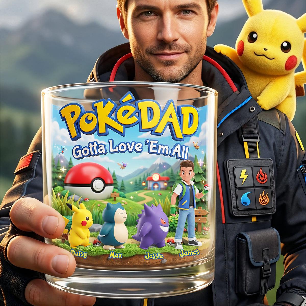 “Gotta Love 'Em All” - Adventure Game Dad and Kids Round Glass - Personalized Gift for Dads, Grandpas, and Gamers Glass PopCulturePrints