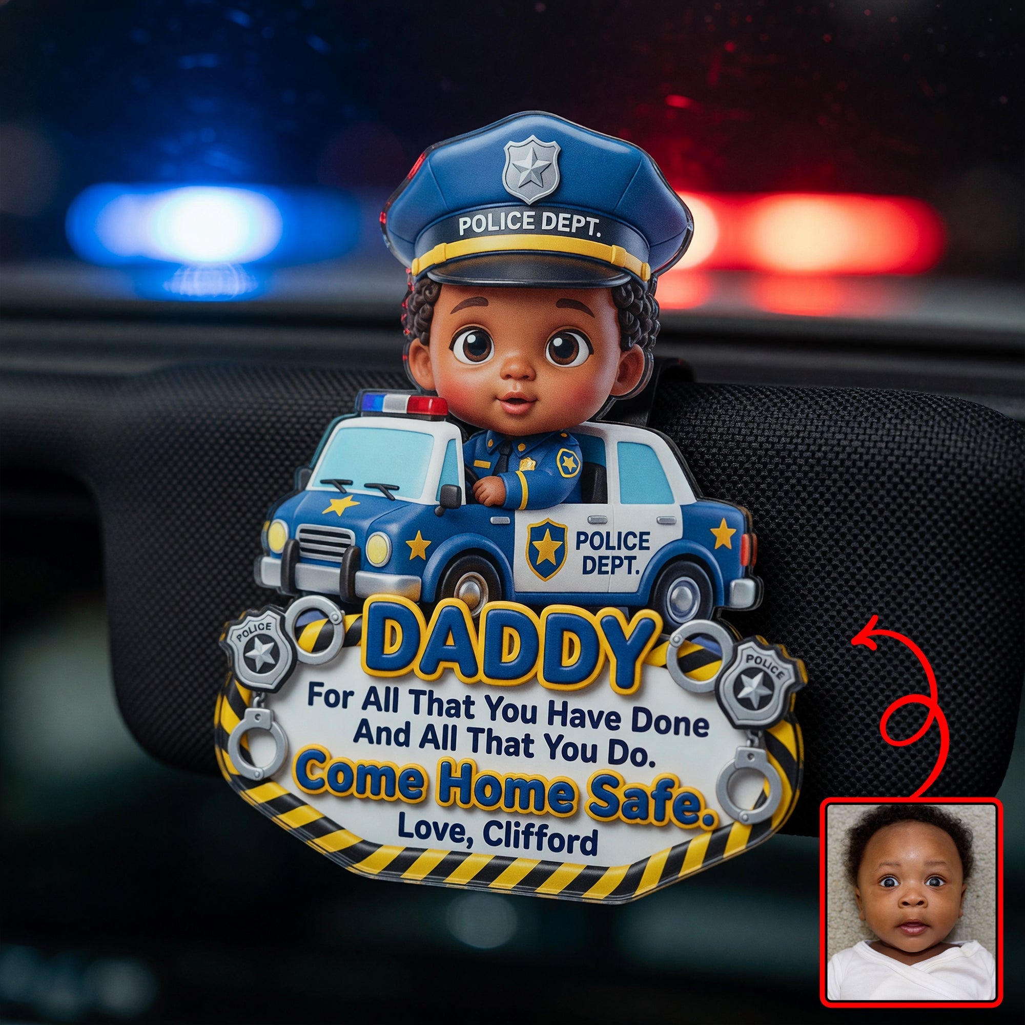 “Come Home Safe, Daddy!” - Custom Photo Car Vision for Police Officer Dads Car Visor Clip PopCulturePrints