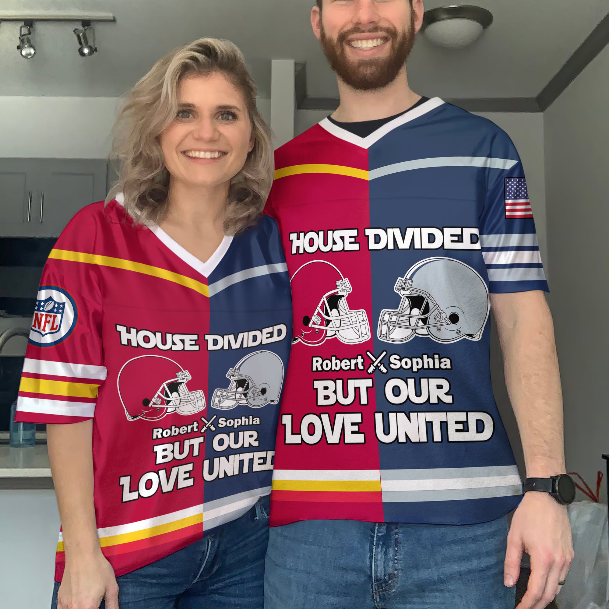 Personalized American Football Couple Jersey Shirt - House Divided But Our Love United