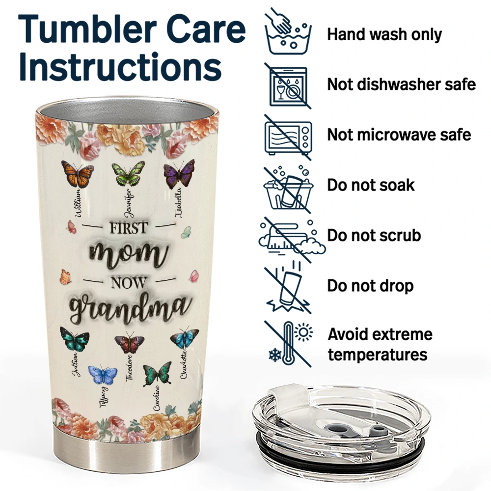 “First Mom, Now Grandma” - Personalized Tumbler with Butterflies for Loving Grandmothers Tumbler PopCulturePrints