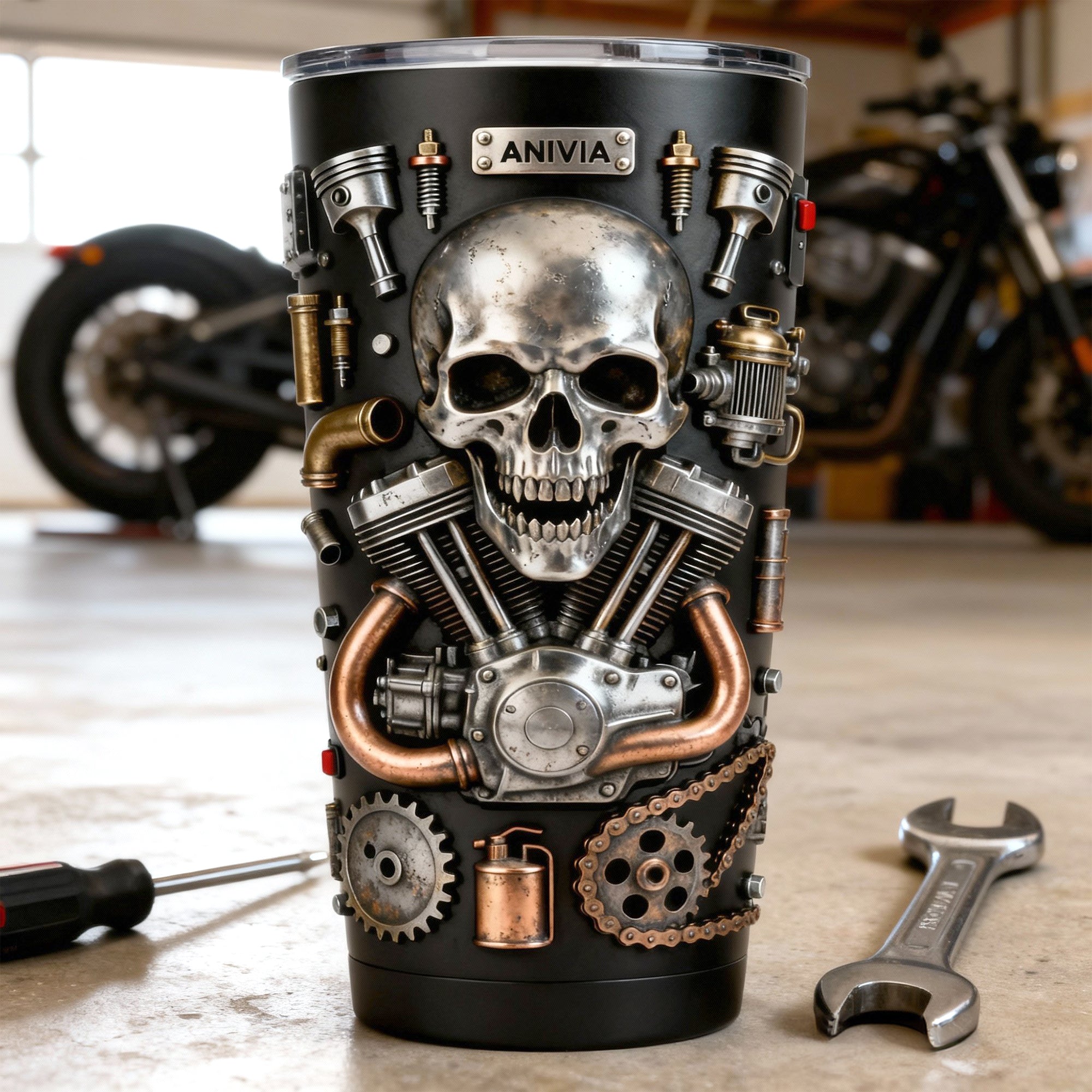 Ride with Spirit - Personalized Skull Tumbler for Bikers Tumbler Cup PopCulturePrints