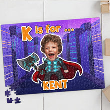 Load image into Gallery viewer, Personalized Superhero Kid Jigsaw Puzzle - Custom Name &amp; Face Wood Sign PopCulturePrints
