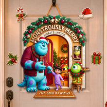 Load image into Gallery viewer, “Monstrously Merry Awaits!” - Merry Monster Family Acrylic Sign - Personalized Christmas Gift
