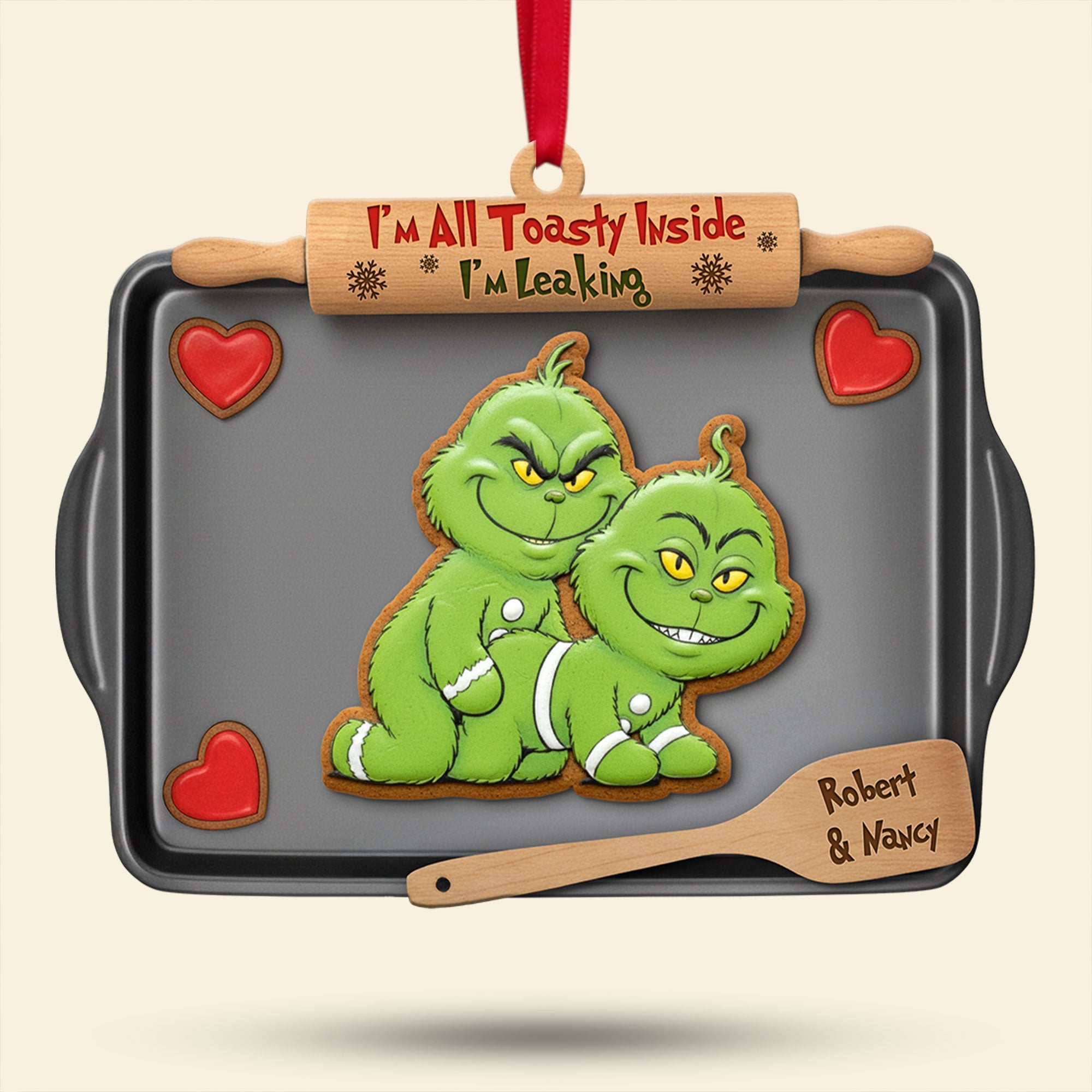 “I'm All Toasty Inside” - Mischievous Green Gingerbread Couple Ornament - Personalized Gift for Couples