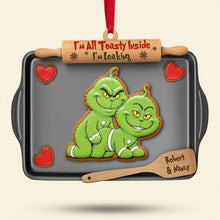 Load image into Gallery viewer, “I&#39;m All Toasty Inside” - Mischievous Green Gingerbread Couple Ornament - Personalized Gift for Couples
