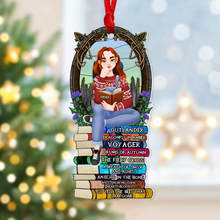 Load image into Gallery viewer, Personalized Christmas Ornament for Book Lovers - Girl Sitting on Books Ornament PopCulturePrints
