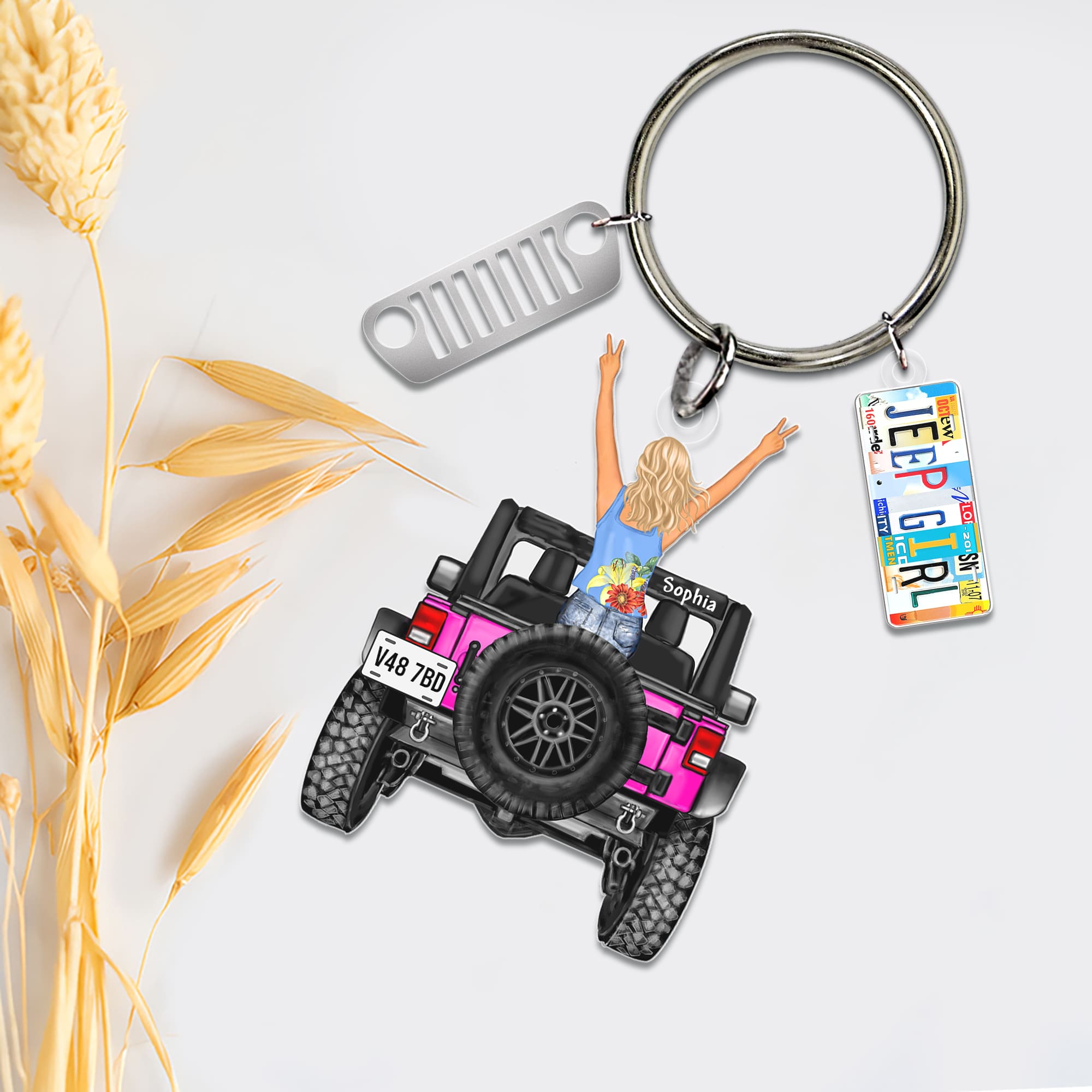 Customizable Off-Road Girl Keychain with License Plate Charms Keychains PopCulturePrints