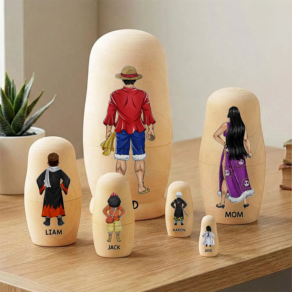 "Celebrate Family Bonds with Custom Designs" - Adventure Family Wooden Nesting Dolls - Personalized Gifts for Mom and Grandma Wooden Nesting Dolls PopCulturePrints