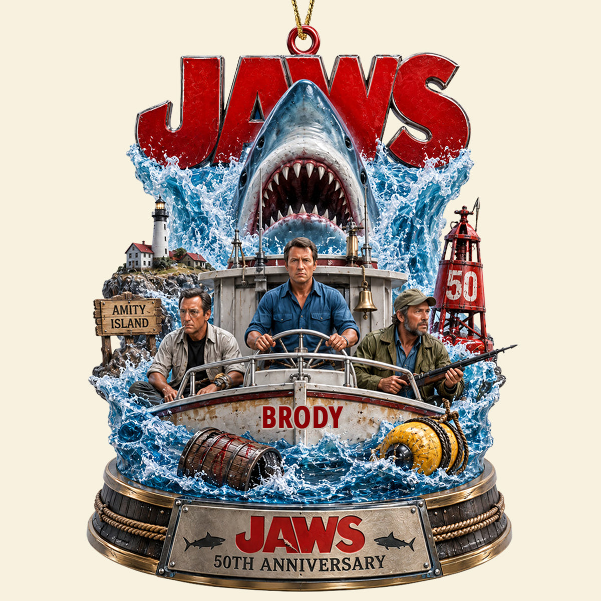 “Courage Meets Adventure” - Personalized Jaws 50th Anniversary Ornament - Custom Gift for Movie Lovers, Families, and Friends Ornament PopCulturePrints