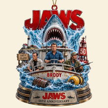 Load image into Gallery viewer, “Courage Meets Adventure” - Personalized Jaws 50th Anniversary Ornament - Custom Gift for Movie Lovers, Families, and Friends Ornament PopCulturePrints
