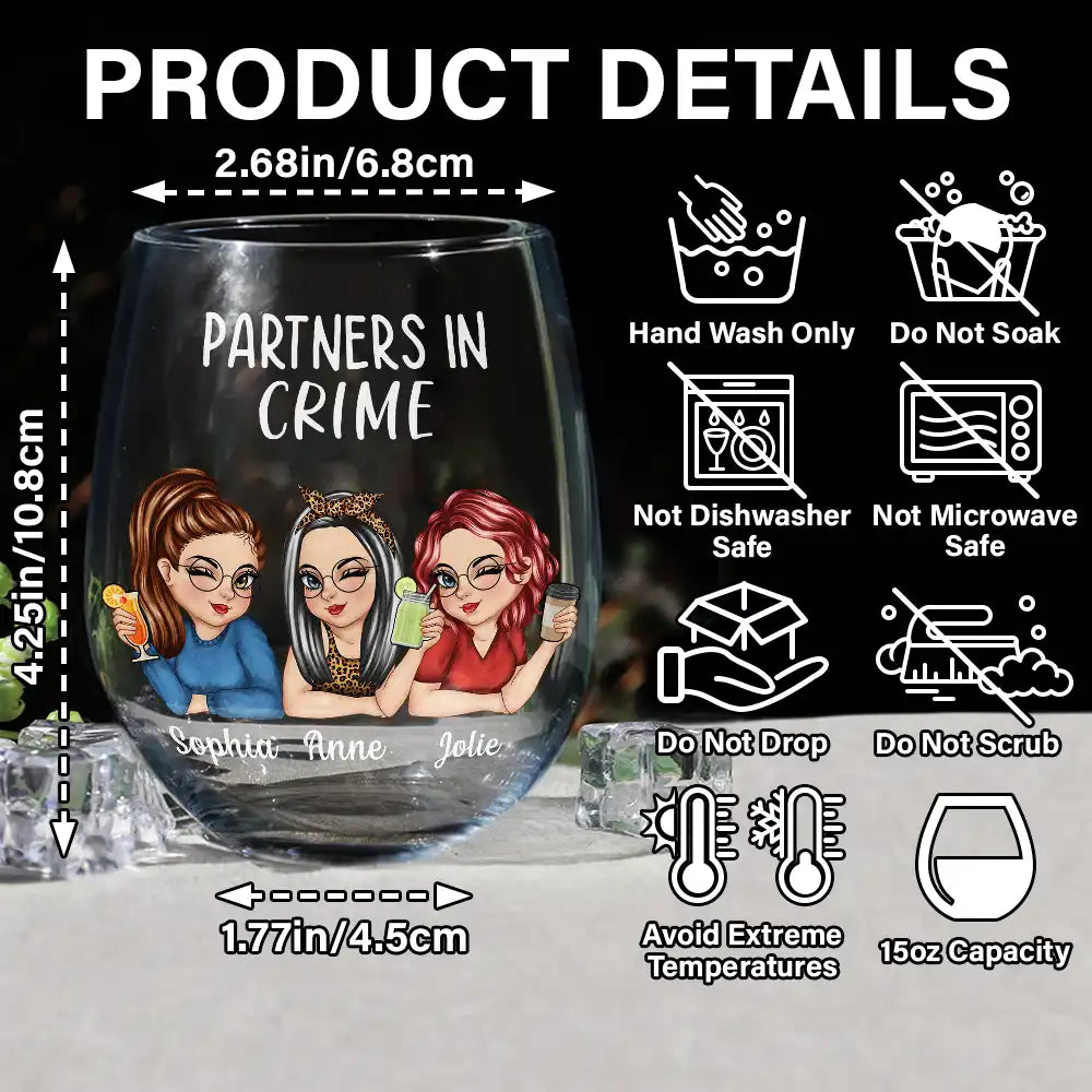 Partners in Crime - Personalized Stemless Wine Glass for Besties Wine Glass PopCulturePrints