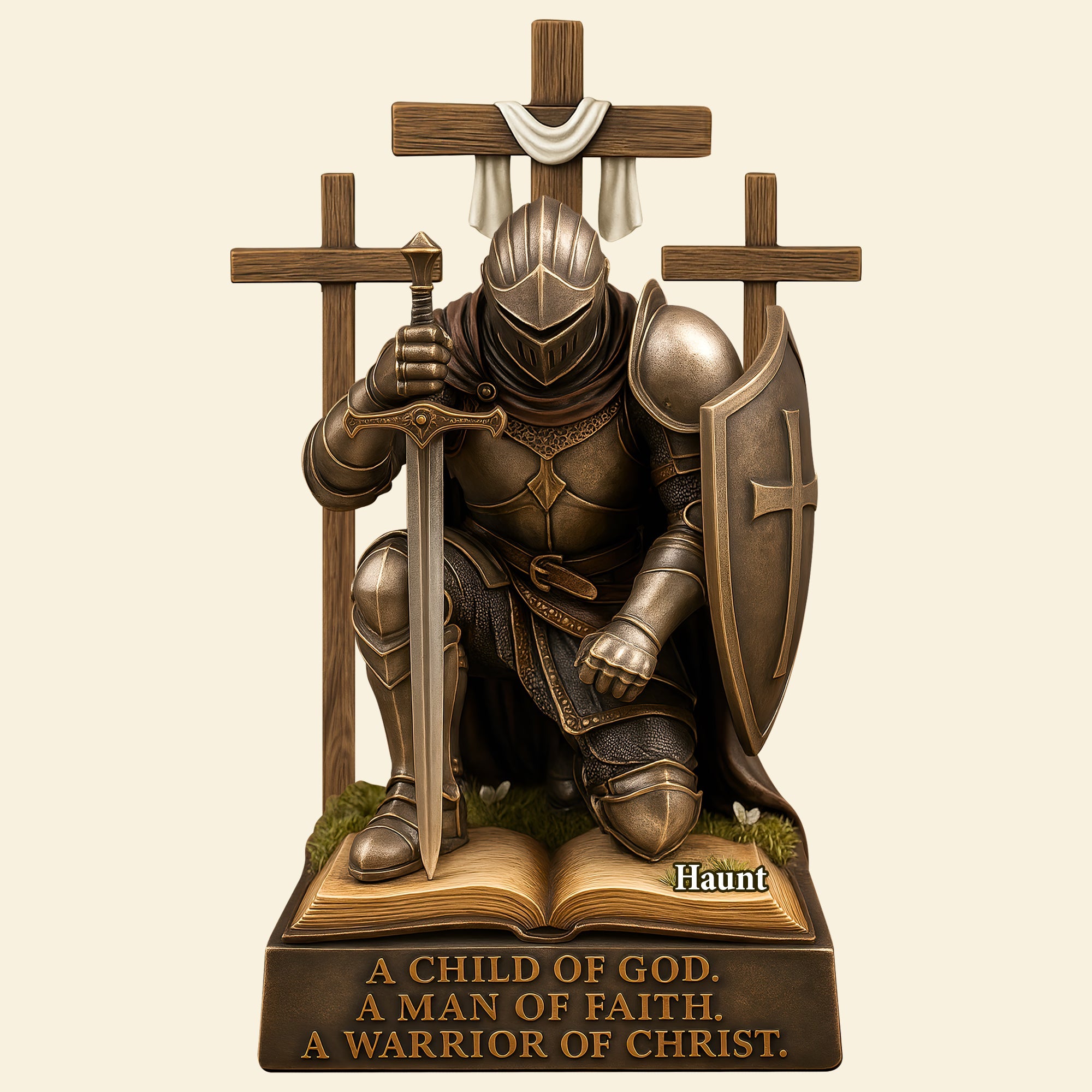 A Child of God, A Man of Faith - Knight Kneeling Down in Armor Acrylic Plaque | Personalized Gift for Warriors of Christ Shaped Plaques PopCulturePrints