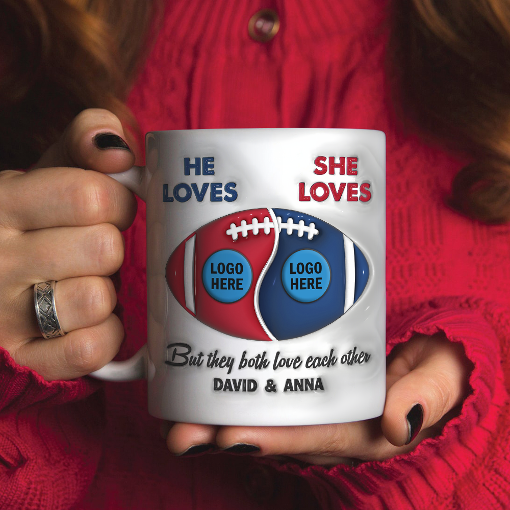 Personalized Couple Coffee Mug - American Football Lovers He Loves She Loves