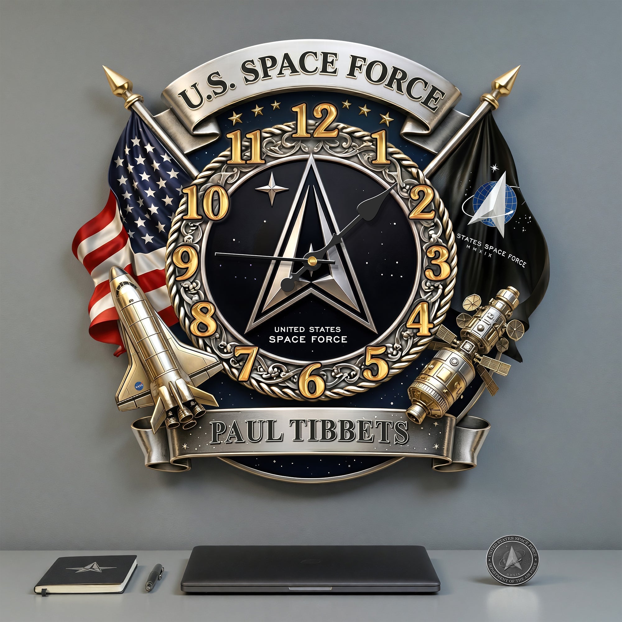 “Time is the Essence of Valor” - Personalized Space Military Hanging Clock - Unique Gift for Veterans and Space Enthusiasts