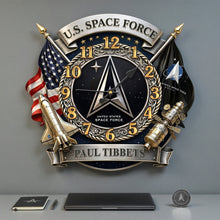 Load image into Gallery viewer, “Time is the Essence of Valor” - Personalized Space Military Hanging Clock - Unique Gift for Veterans and Space Enthusiasts
