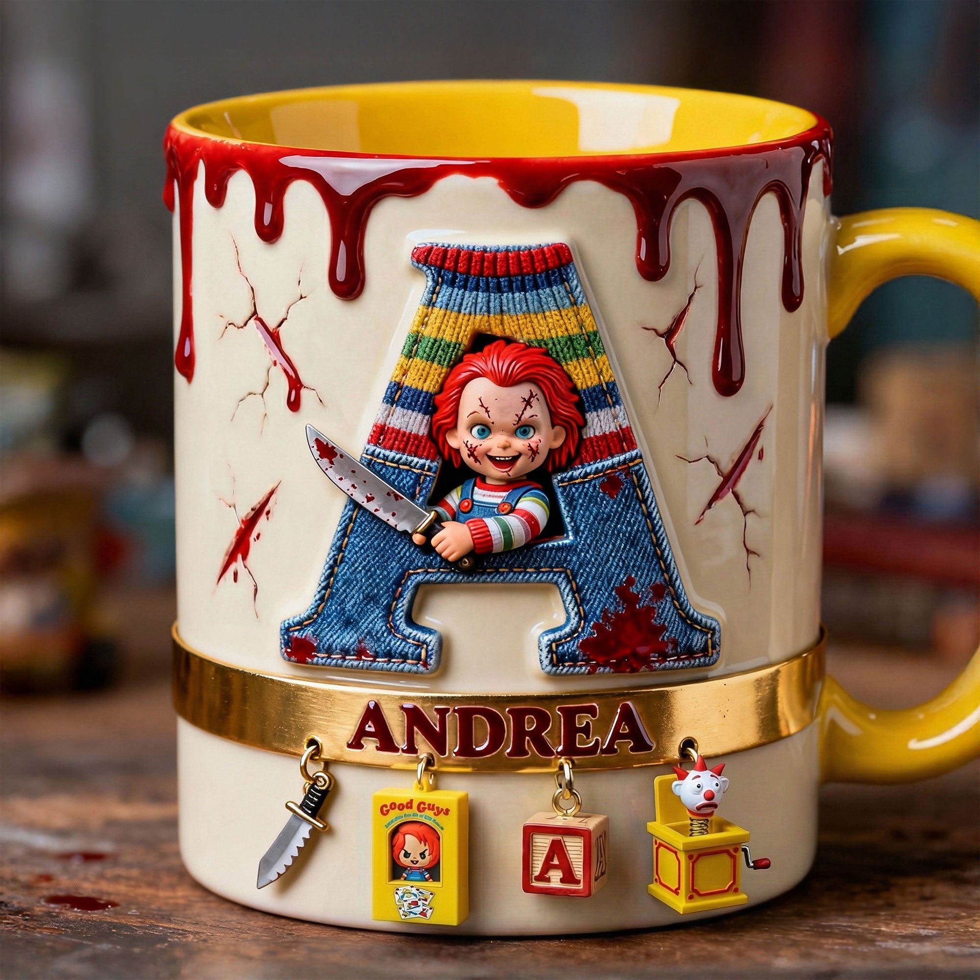“Unleash Your Inner Horror!” - Playful Horror Alphabet Initial Letter Accent Mug - Personalized Gift for Halloween Lovers, Horror Fans, and Unique Gift Seekers Coffee Mug PopCulturePrints