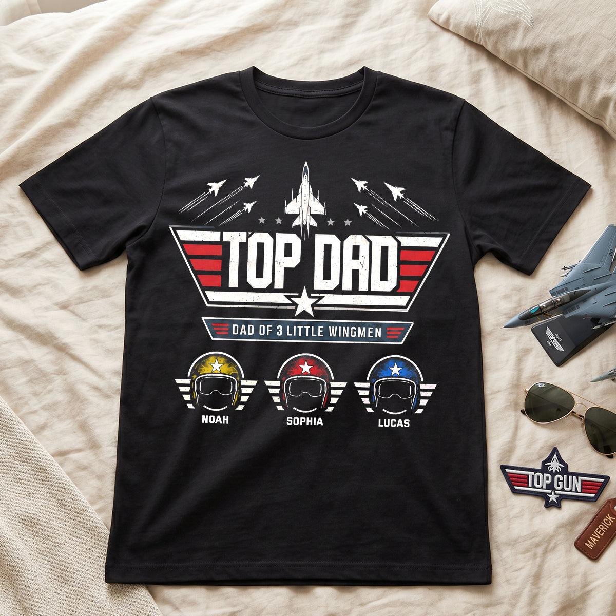 “Top Dad, Dad of 3 Little Wingmen” - Personalized Shirt for Dad - Perfect Gift for Father's Day, Grandpa, and More! Shirts PopCulturePrints