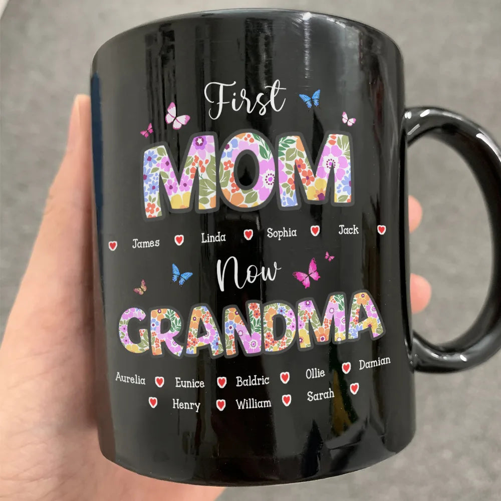 First Mom Now Grandma - Custom Personalized Mug with Butterfly Flower Design Mug PopCulturePrints