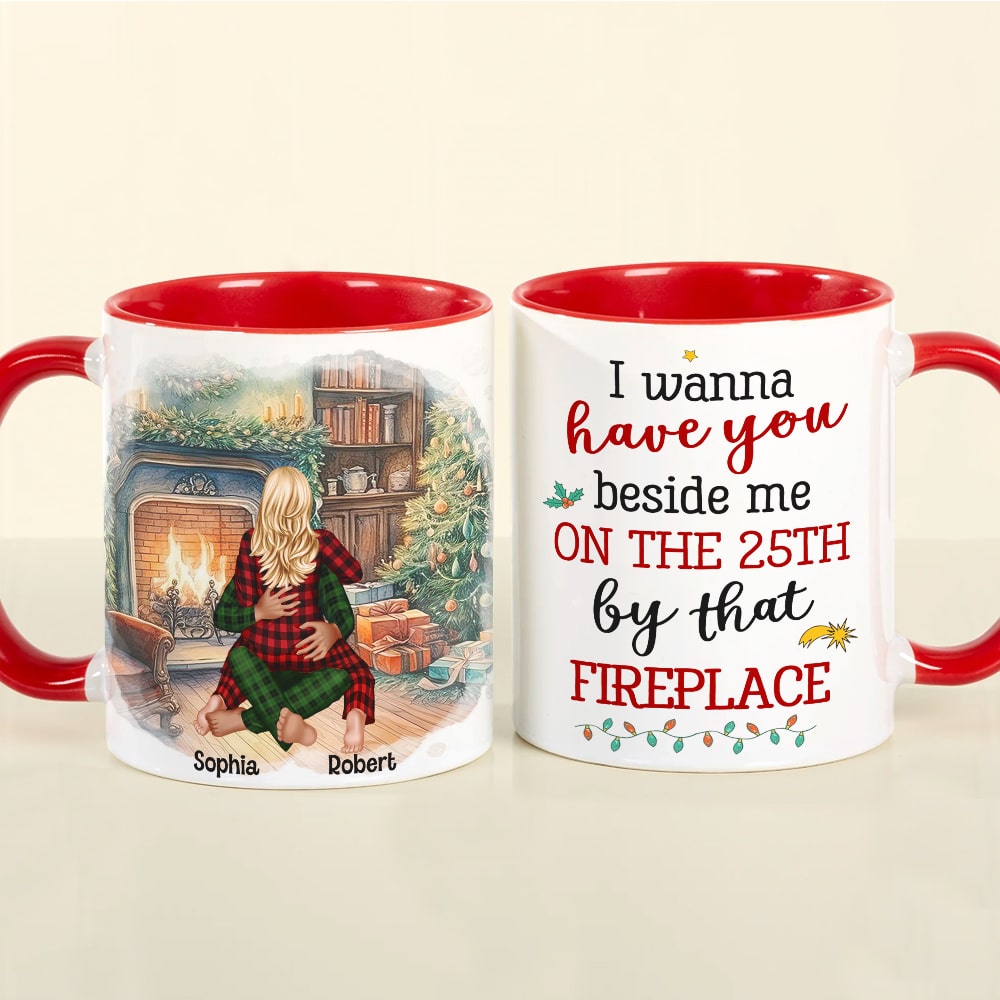 Personalized Christmas Couple Mug - Cozy Fireplace Edition