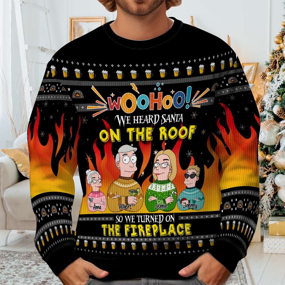 Personalized Family Christmas Ugly Sweater - Cartoon Fireplace Design