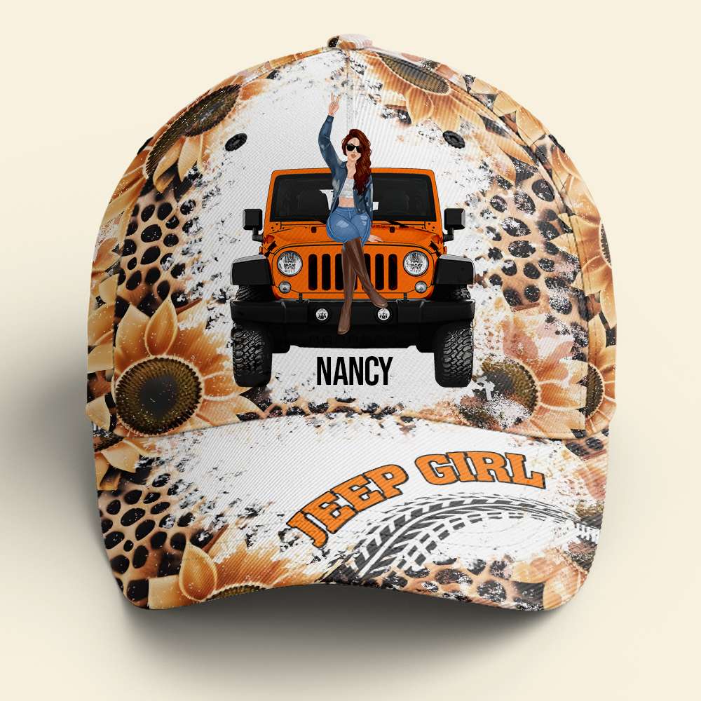 Personalized Jeep Girl Cap with Sunflower and Custom Name