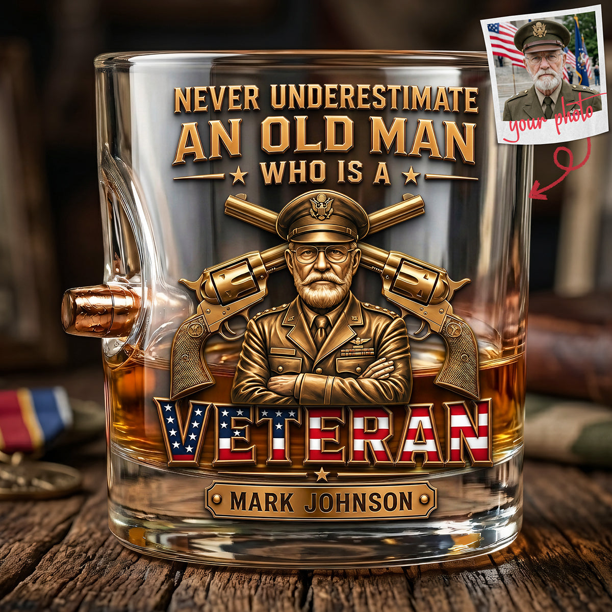 Never Underestimate An Old Man Who Is A Veteran - Personalized Bullet Glass Glass PopCulturePrints
