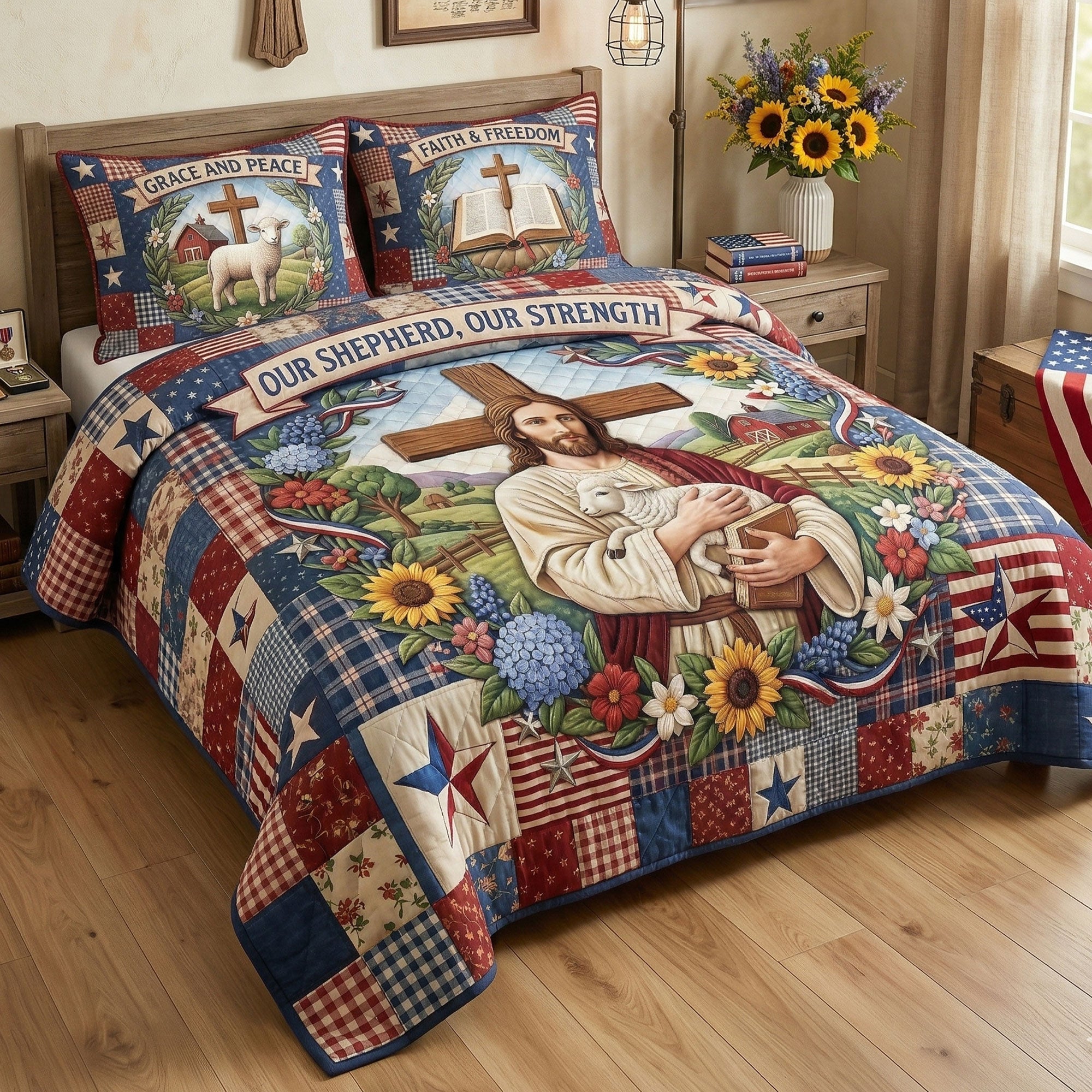 Our Shepherd, Our Strength - Personalized Jesus Quilt Bedding Set Blanket PopCulturePrints