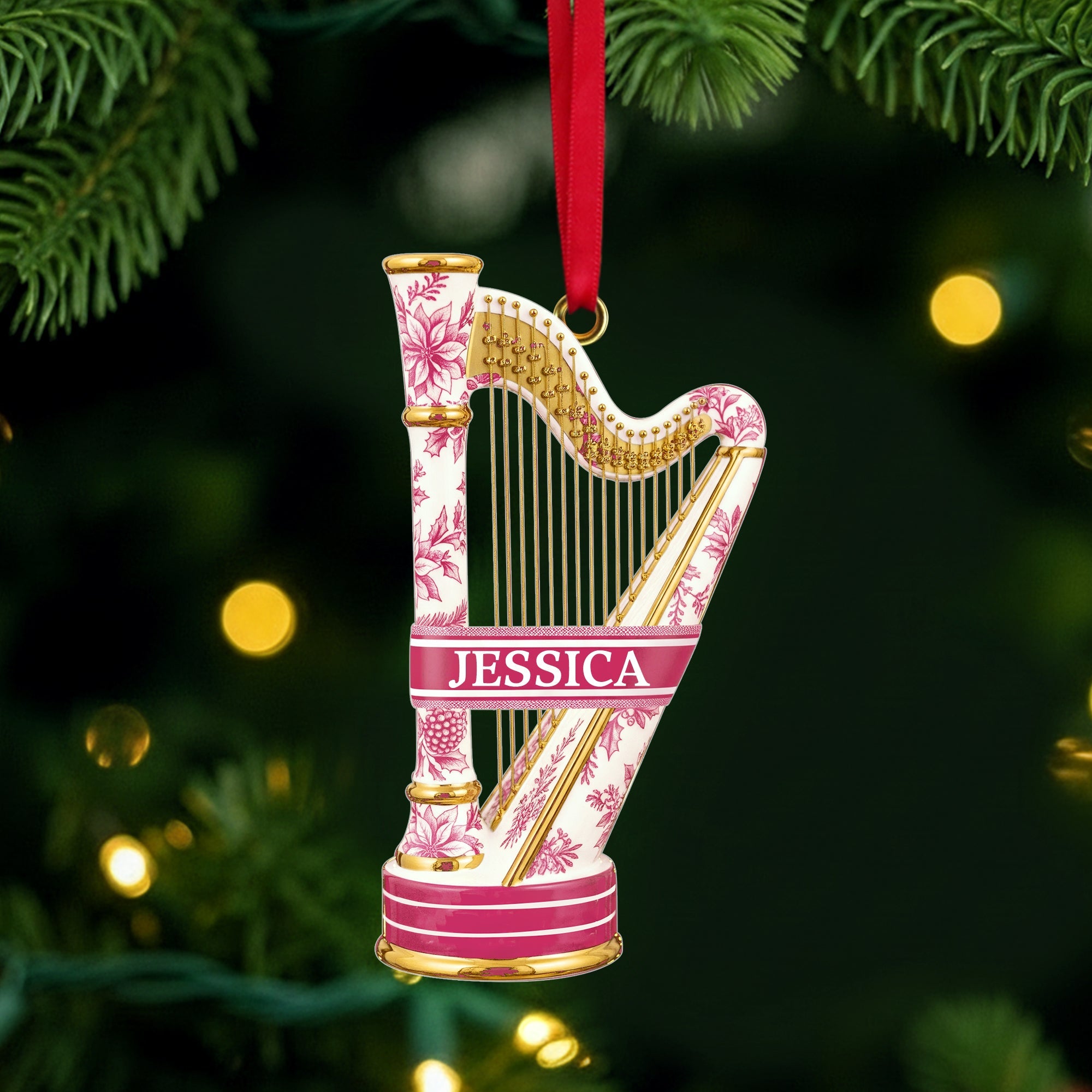 “Note the Melody of Memories” - Harp Toile de Jouy Ornament - Personalized Gift for Music Lovers Ornament PopCulturePrints