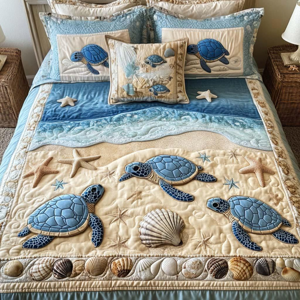 Turtle Lovers Quilt Bed Set - Ocean Waves Theme Blanket PopCulturePrints