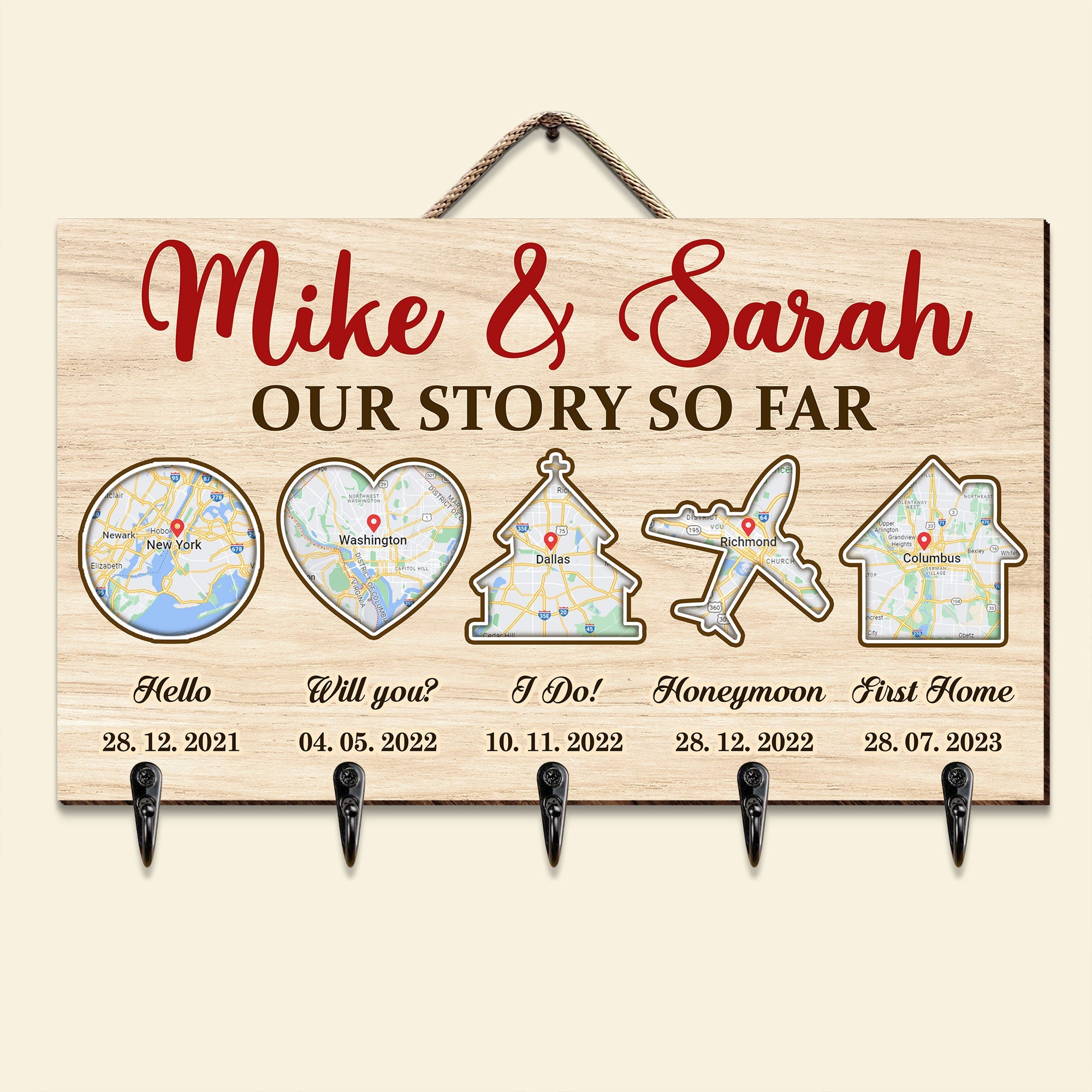 Custom Wooden Key Hanger for Couples - Our Story So Far Wood Sign PopCulturePrints