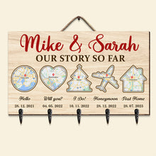 Load image into Gallery viewer, Custom Wooden Key Hanger for Couples - Our Story So Far Wood Sign PopCulturePrints
