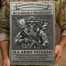 Load image into Gallery viewer, “Protected by a Highly Proficient Veteran” - Personalized Deadly Danger Metal Sign - Custom Gift for Veterans Metal Signs PopCulturePrints
