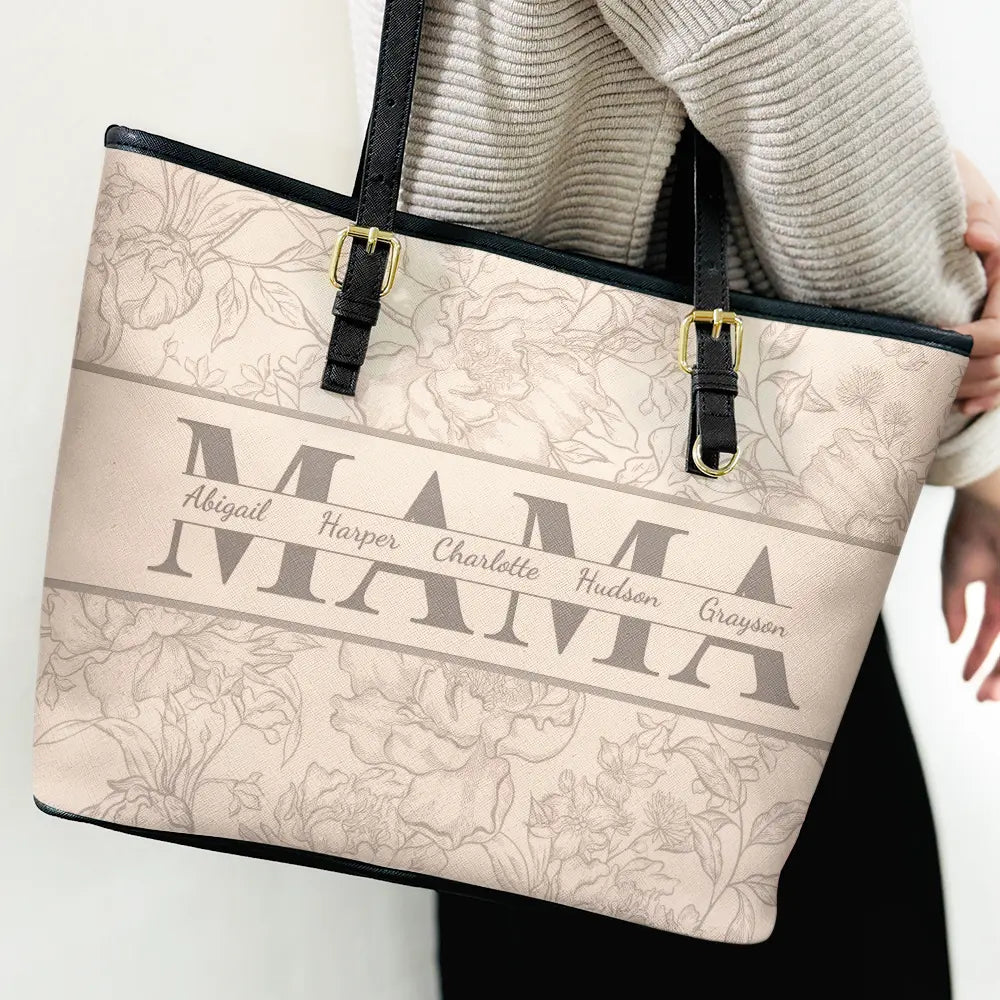 Celebrate Her Love: Personalized Mom Floral Design Tote Bag - Unique Gift for Moms and Grandmas Leather Tote Bag PopCulturePrints