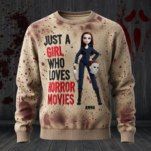 Load image into Gallery viewer, Just a Girl Who Loves Horror Movies Sweatshirt - Personalized Gift for Halloween Fans AOP Products PopCulturePrints
