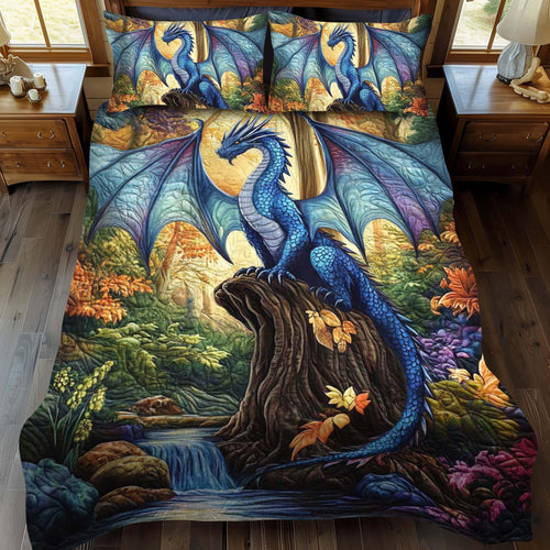 Mystical Blue Dragon Quilt Bed Set - Perfect Gift for Dragon Lovers Blanket PopCulturePrints