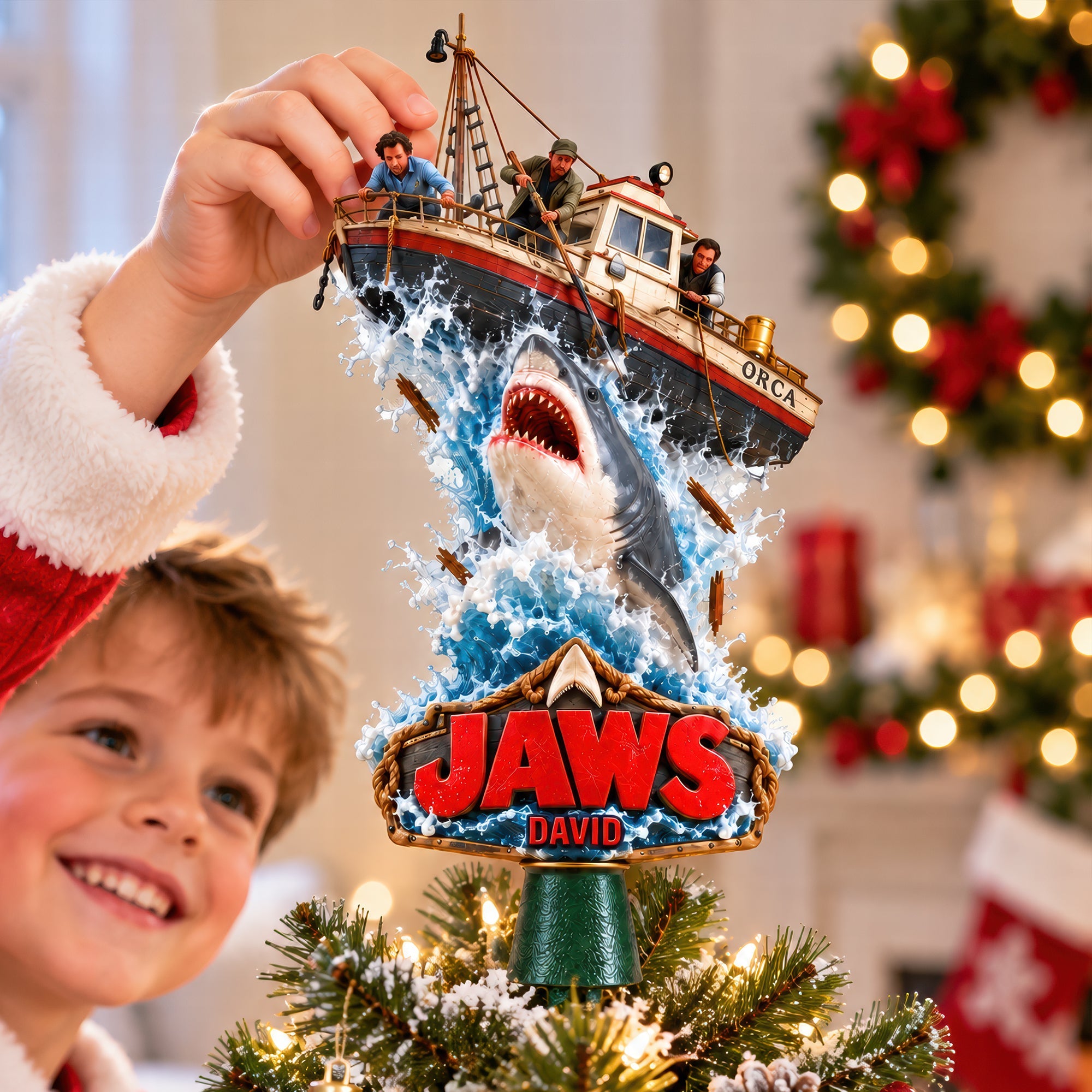 Bring the Thrill of Jaws to Your Holidays - Shark Attack Christmas Tree Topper - Personalized Gift for Movie Lovers