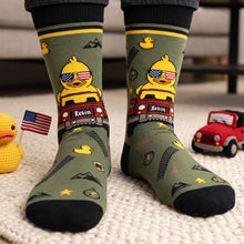 Load image into Gallery viewer, “Adventure Awaits!” - Quirky Duck On Adventure Car Socks - Personalized Gift for Off-road Lovers
