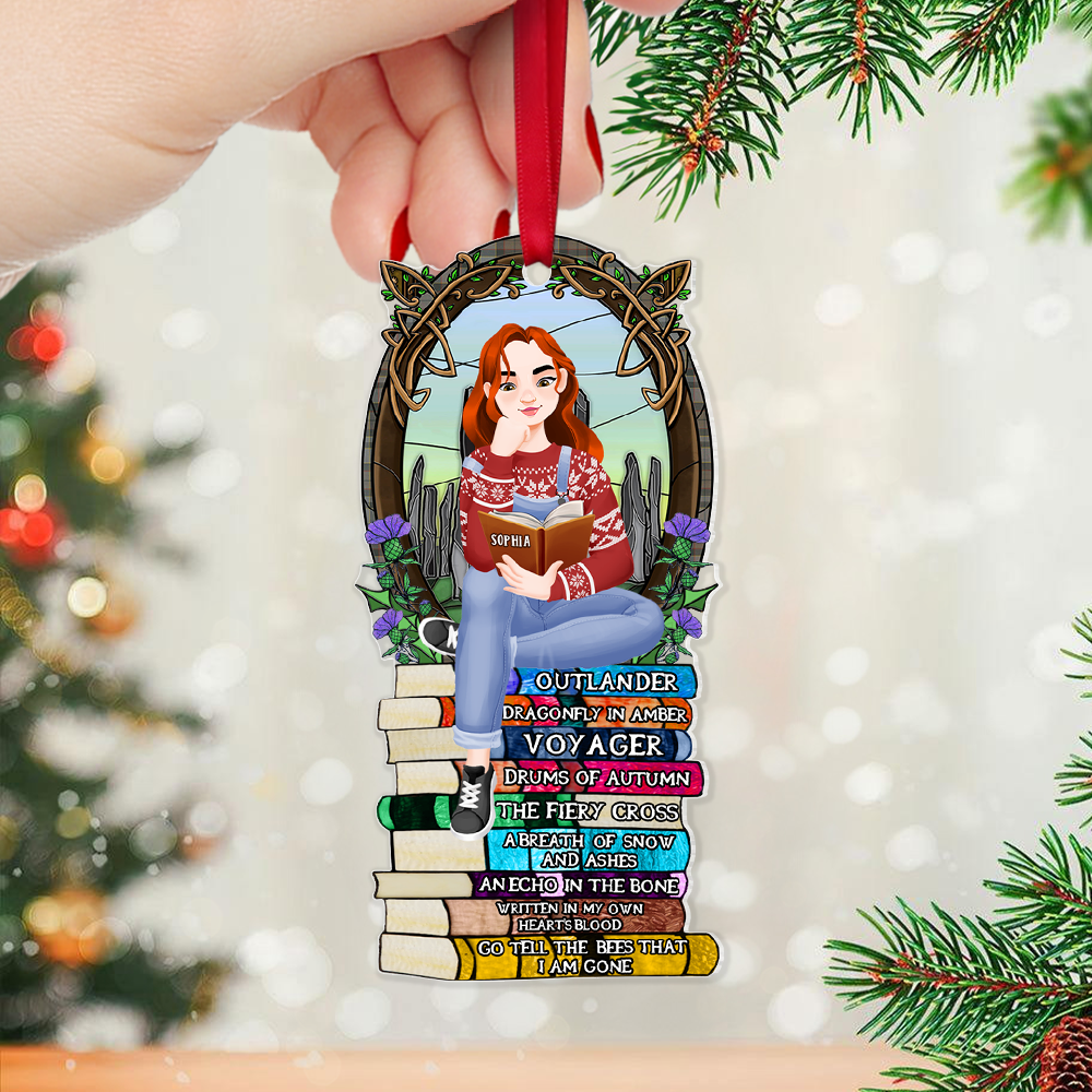 Personalized Christmas Ornament for Book Lovers - Girl Sitting on Books Ornament PopCulturePrints